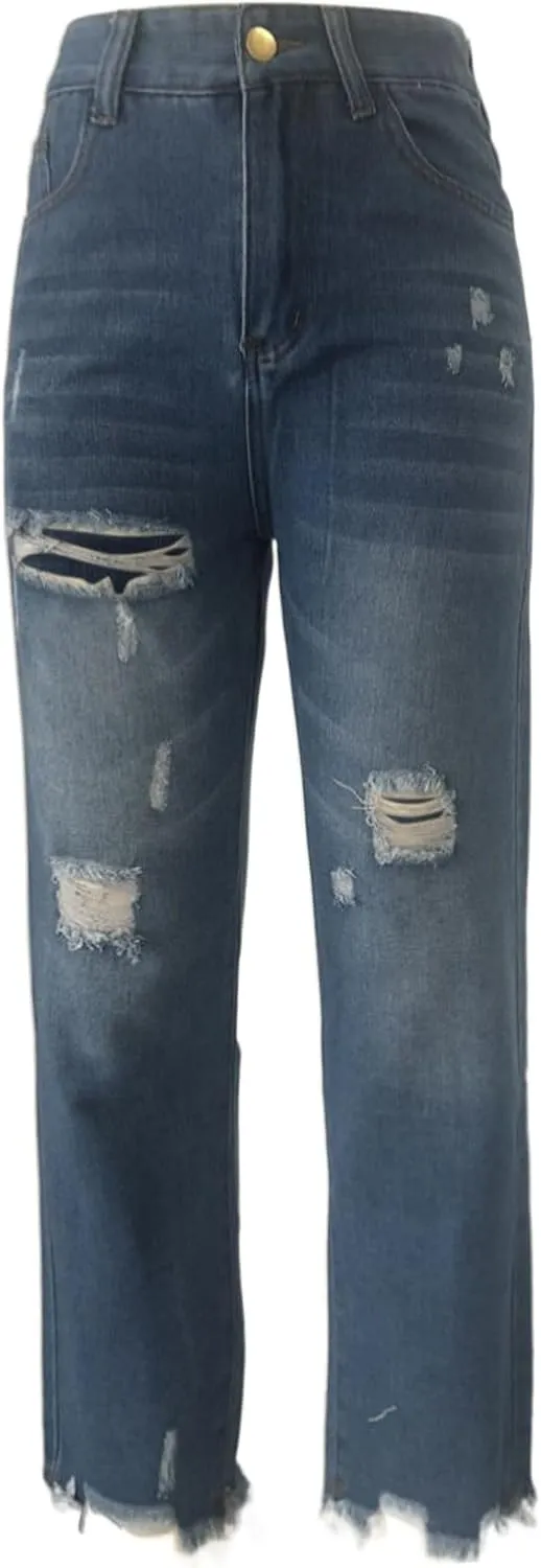 Women's Ripped Light Blue Casual Cropped Straight Wash Jeans Stretch Work Pants for Women