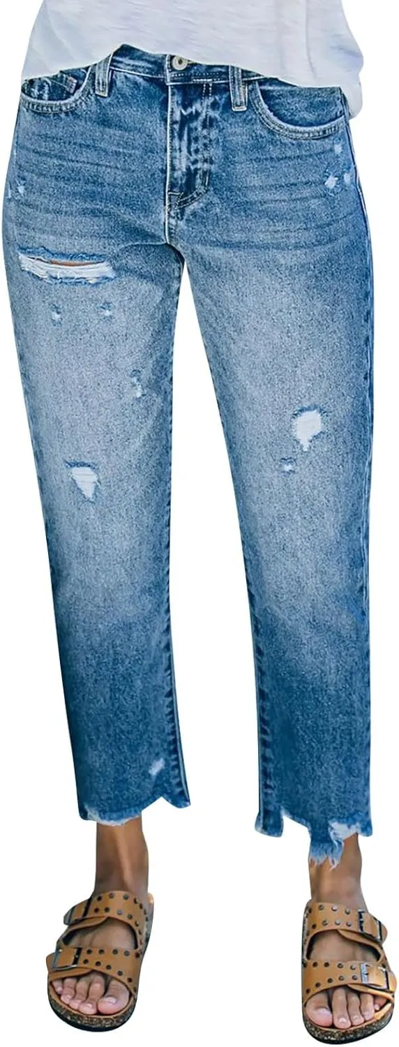 Women's Ripped Light Blue Casual Cropped Straight Wash Jeans Stretch Work Pants for Women