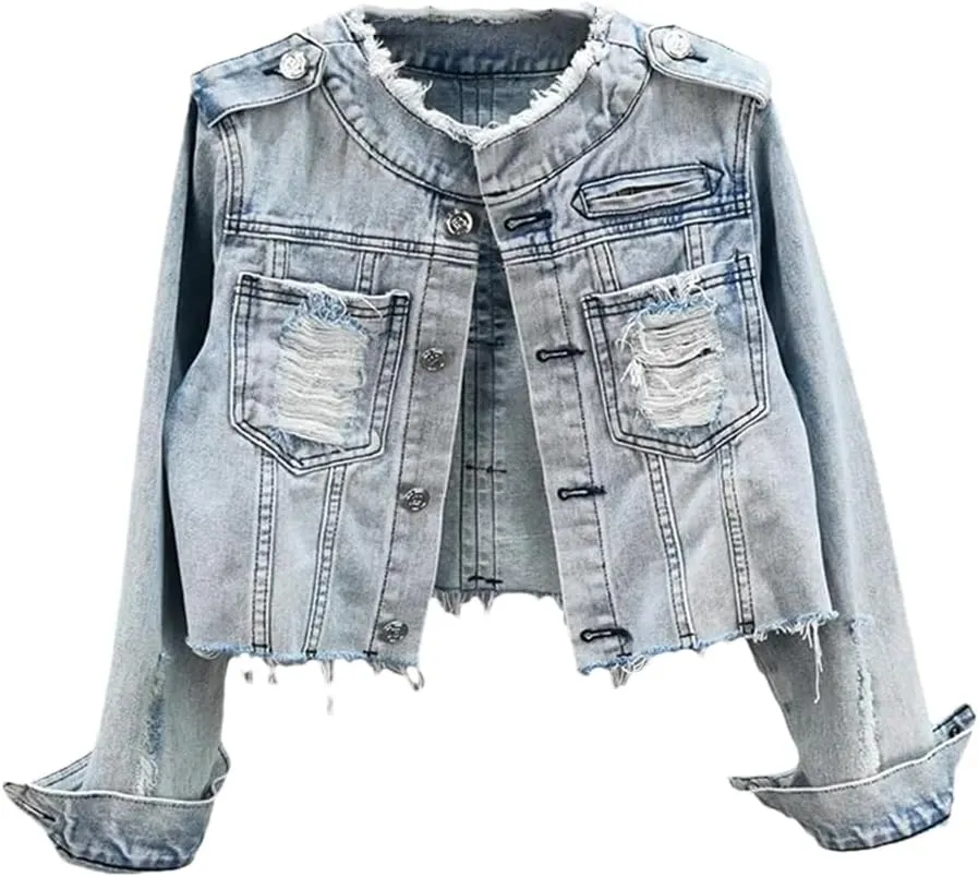 WomenS Vintage Light Blue Denim Jacket O Neck Cowboy Outerwear Slim Short Hem Frayed Big Pocket Jeans Coat