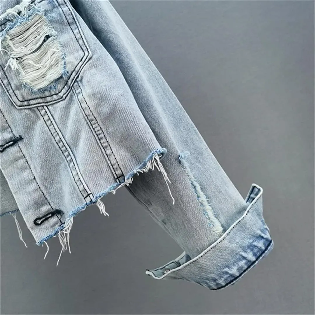 WomenS Vintage Light Blue Denim Jacket O Neck Cowboy Outerwear Slim Short Hem Frayed Big Pocket Jeans Coat