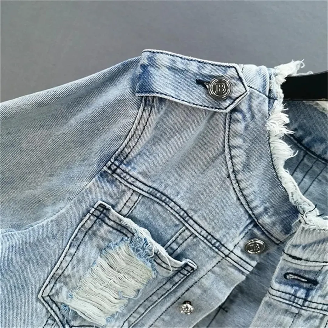 WomenS Vintage Light Blue Denim Jacket O Neck Cowboy Outerwear Slim Short Hem Frayed Big Pocket Jeans Coat