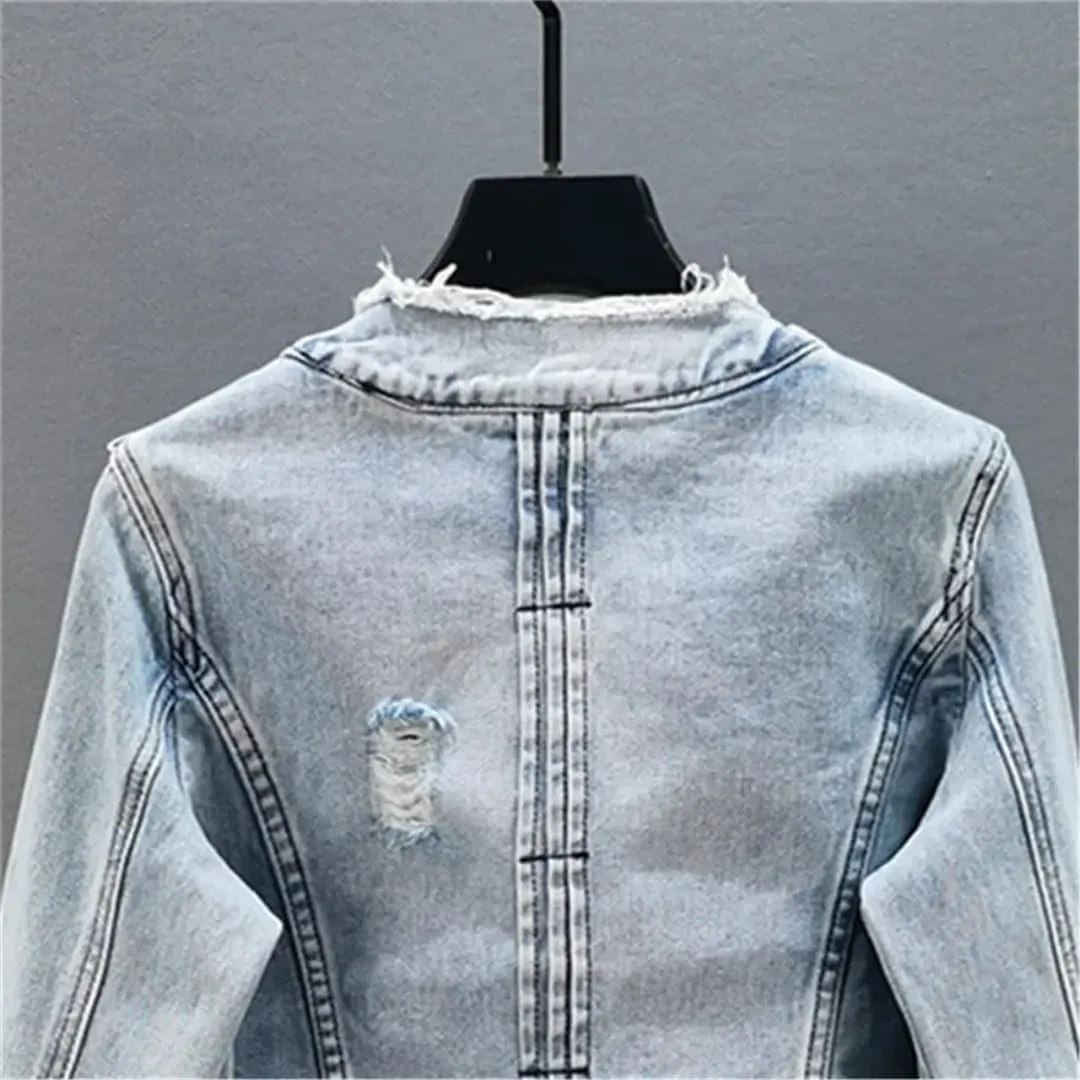 WomenS Vintage Light Blue Denim Jacket O Neck Cowboy Outerwear Slim Short Hem Frayed Big Pocket Jeans Coat