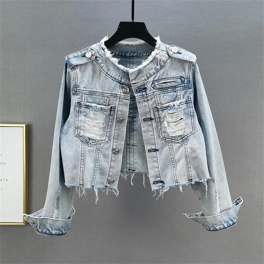 WomenS Vintage Light Blue Denim Jacket O Neck Cowboy Outerwear Slim Short Hem Frayed Big Pocket Jeans Coat
