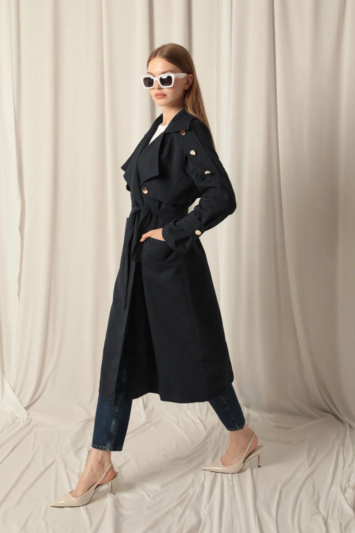 Woven Fabric Waterproof Buttoned Women's Navy Blue Trench Coat