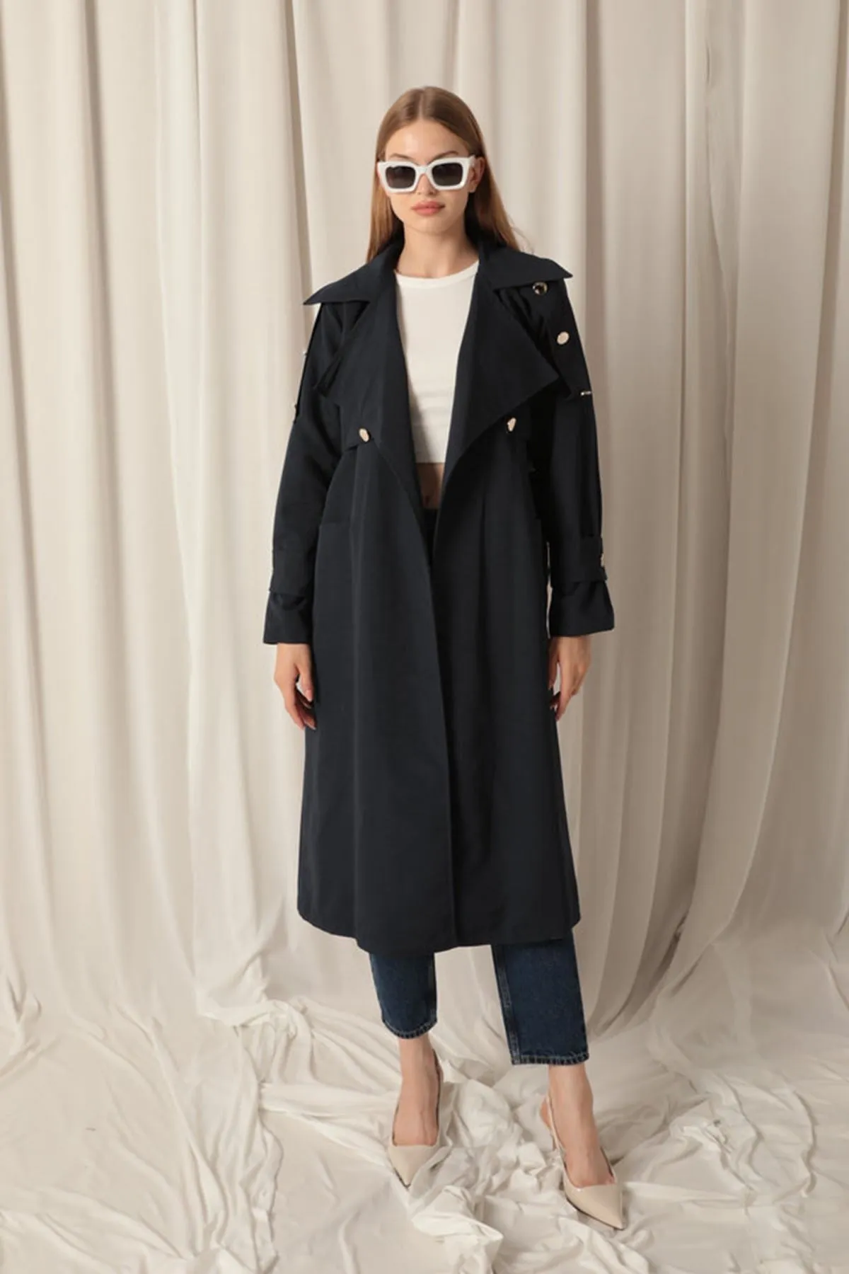Woven Fabric Waterproof Buttoned Women's Navy Blue Trench Coat