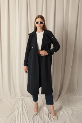 Woven Fabric Waterproof Buttoned Women's Navy Blue Trench Coat