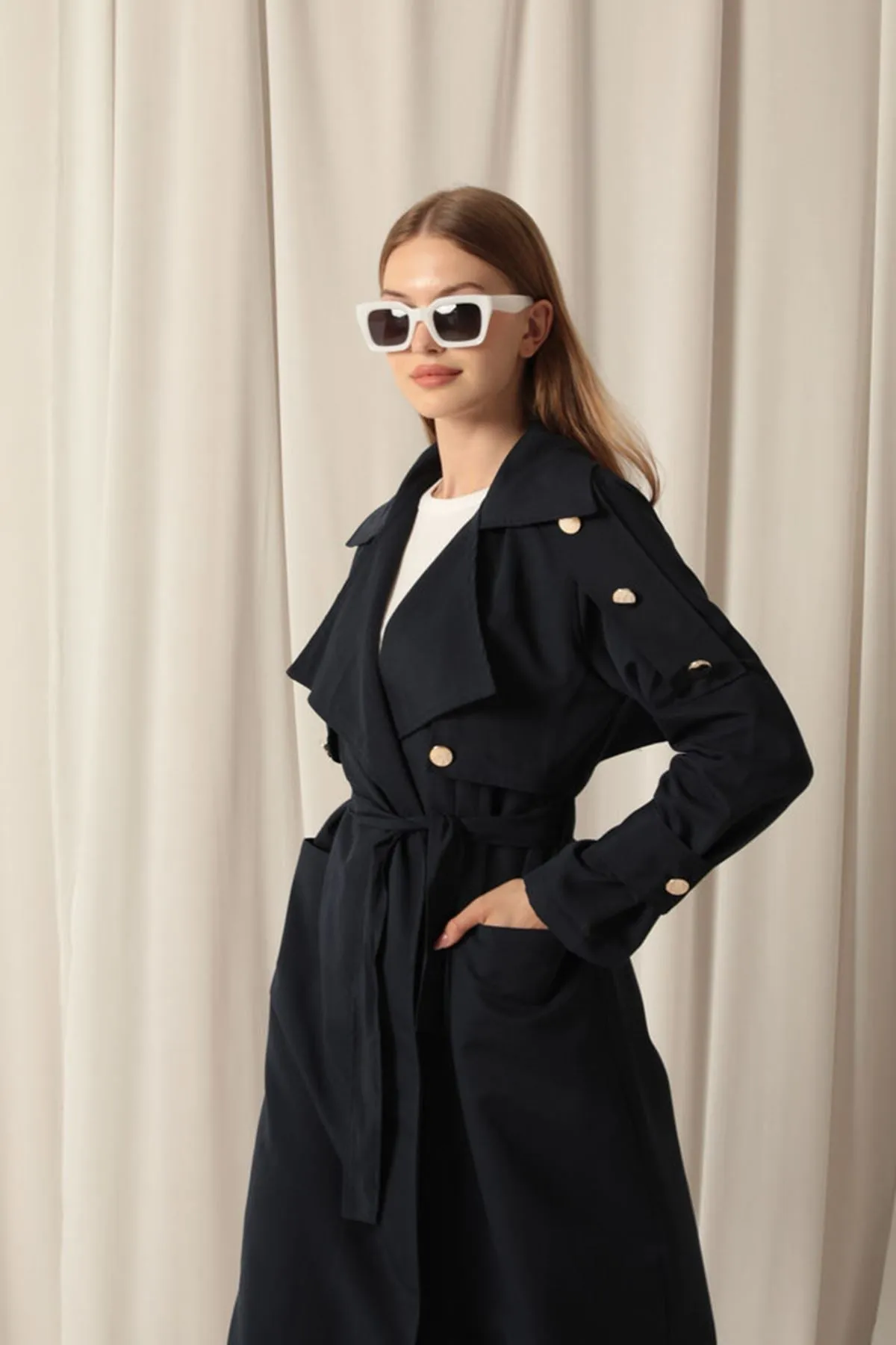 Woven Fabric Waterproof Buttoned Women's Navy Blue Trench Coat