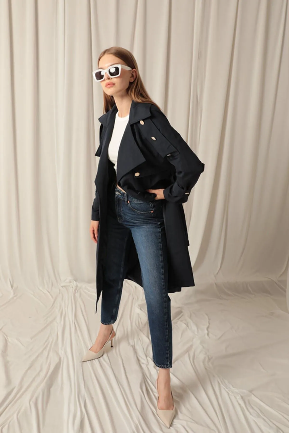 Woven Fabric Waterproof Buttoned Women's Navy Blue Trench Coat