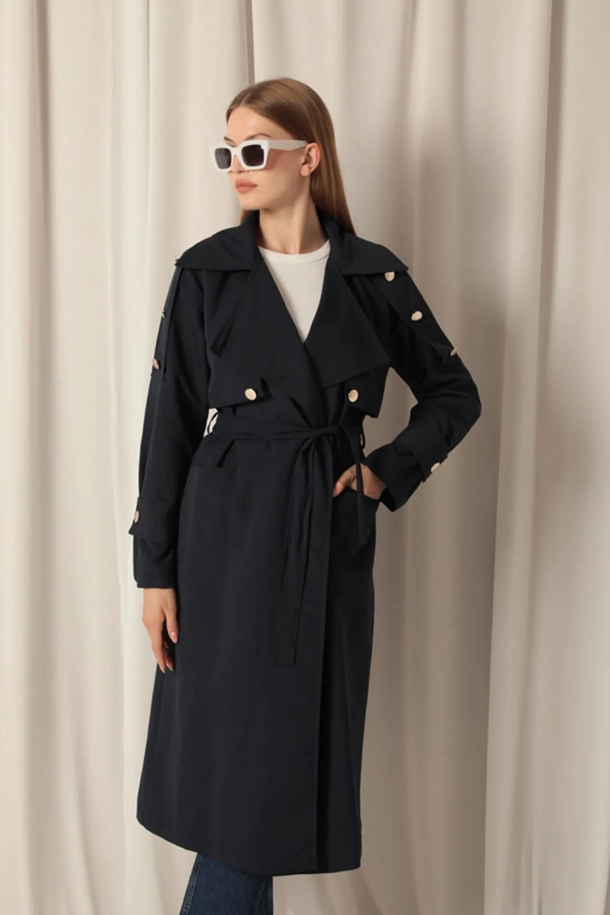Woven Fabric Waterproof Buttoned Women's Navy Blue Trench Coat