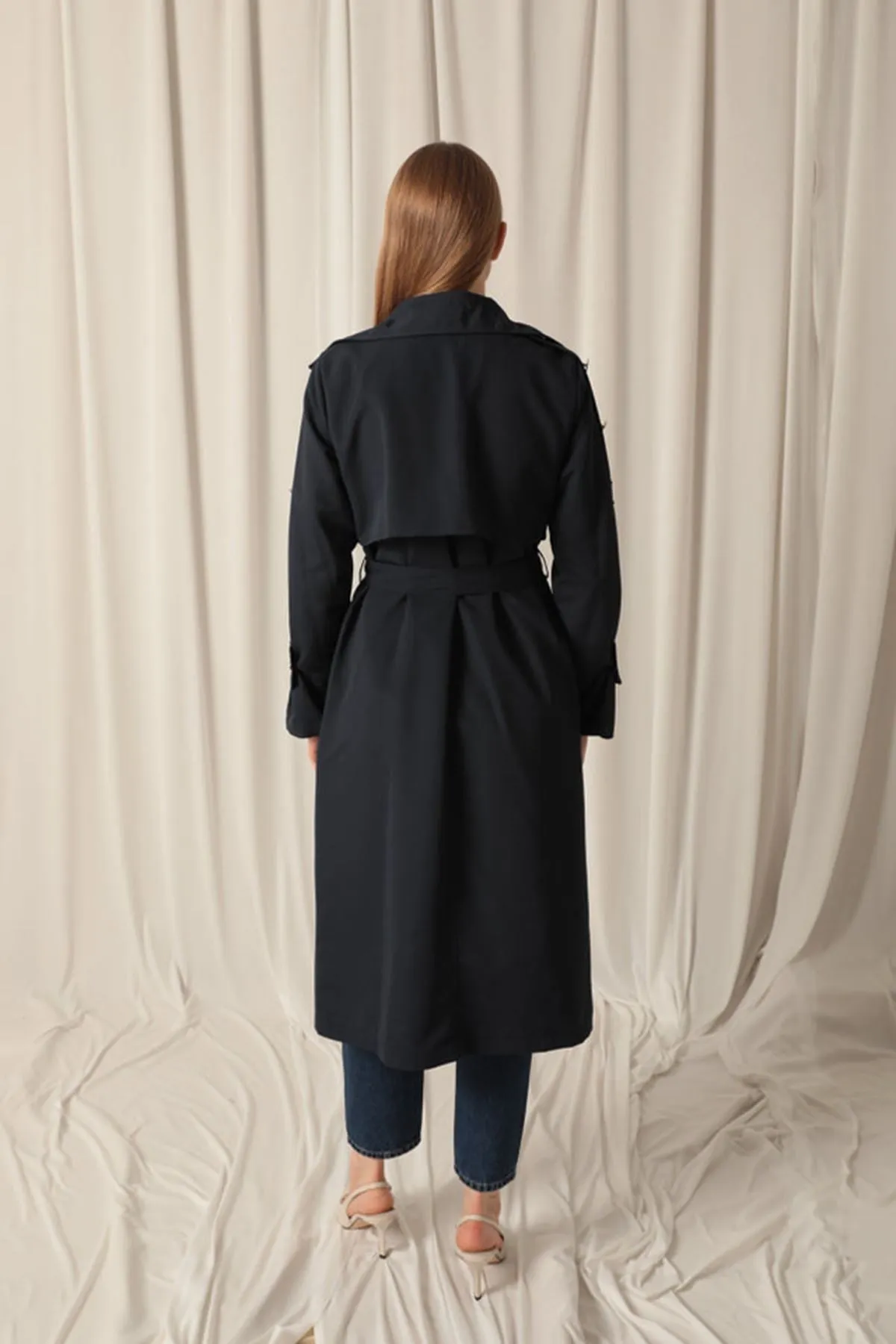 Woven Fabric Waterproof Buttoned Women's Navy Blue Trench Coat